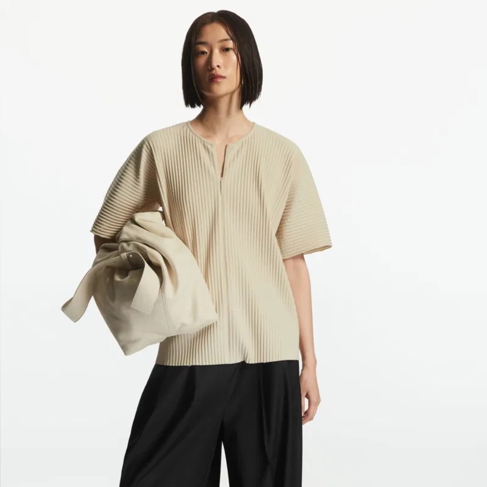 COS Plissé Half Zip Beige Top